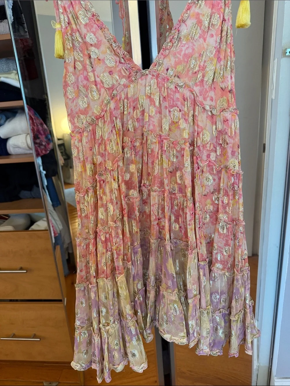 Pink Shimmer Floral Tie-Shoulder Sundress with Yellow Tassels